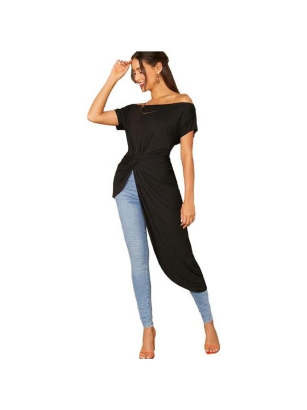 Women's Elegant Asymmetrical Twist Front Off Shoulder Top Plain High Low Blouse